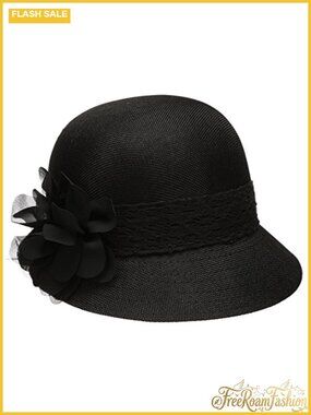 Linen Cloche Sun Hat with Lace Band & Floral Accent Adjustable Fit